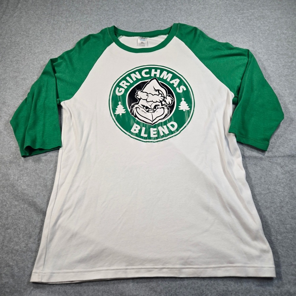 ARB Blanks Grinchmas Blend Raglan Tee Green White 3/4 Sleeve Holiday Shirt XXL